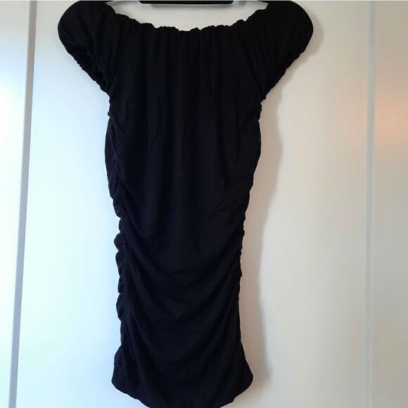 Max Studio Cap Sleeve Square Neck Ruched Ruffle Top Black - Picture 12 of 16